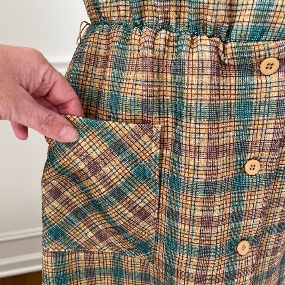 Vintage 70s Button Front Plaid Barkcloth Sleeveless Dress S - Picture 4 of 9